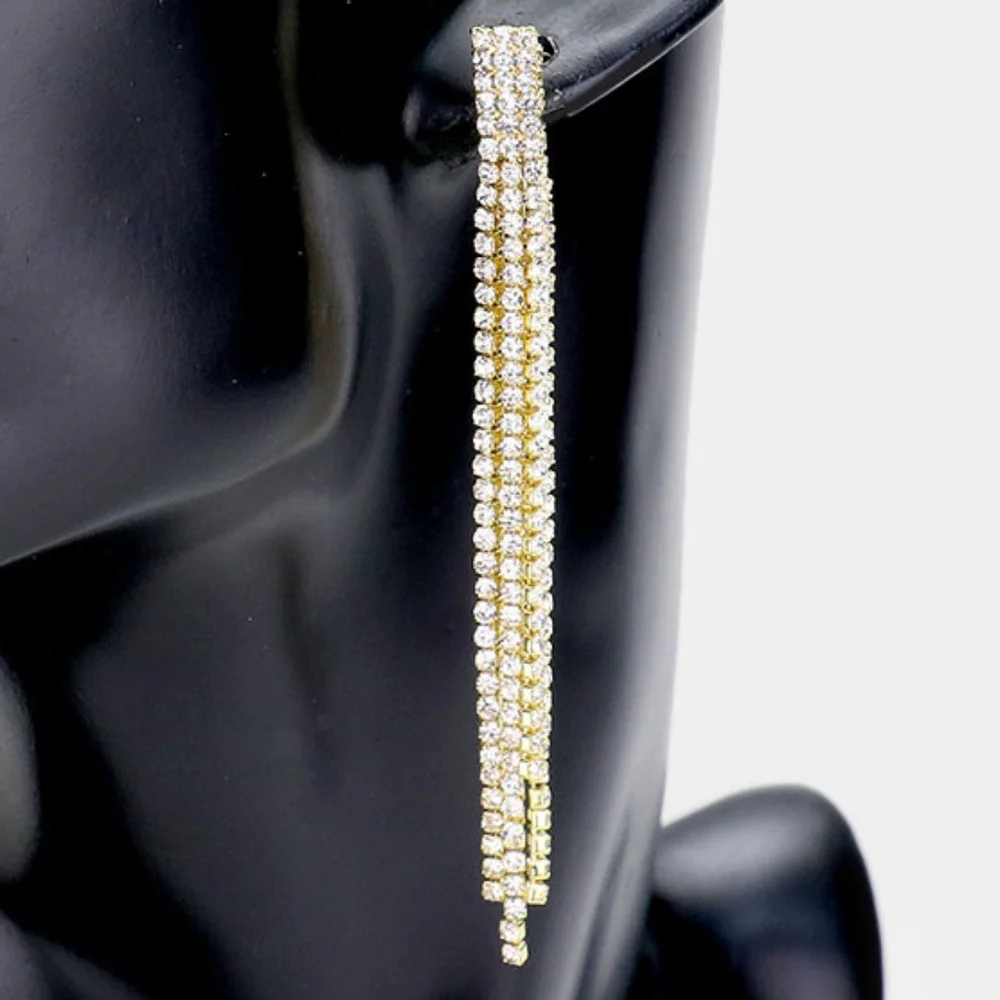 Tassel Gold Crystal Dangle Earrings 3 Inch Formal Statement Jewelry Accessory - Picture 2 of 2